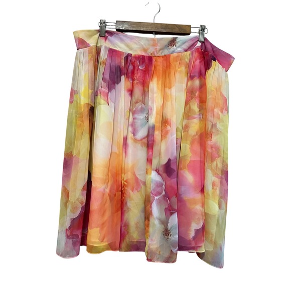 Liz Claiborne Floral Pleated Midi Skirt Womens 18W Pink Orange Yellow Chiffon - Picture 1 of 8
